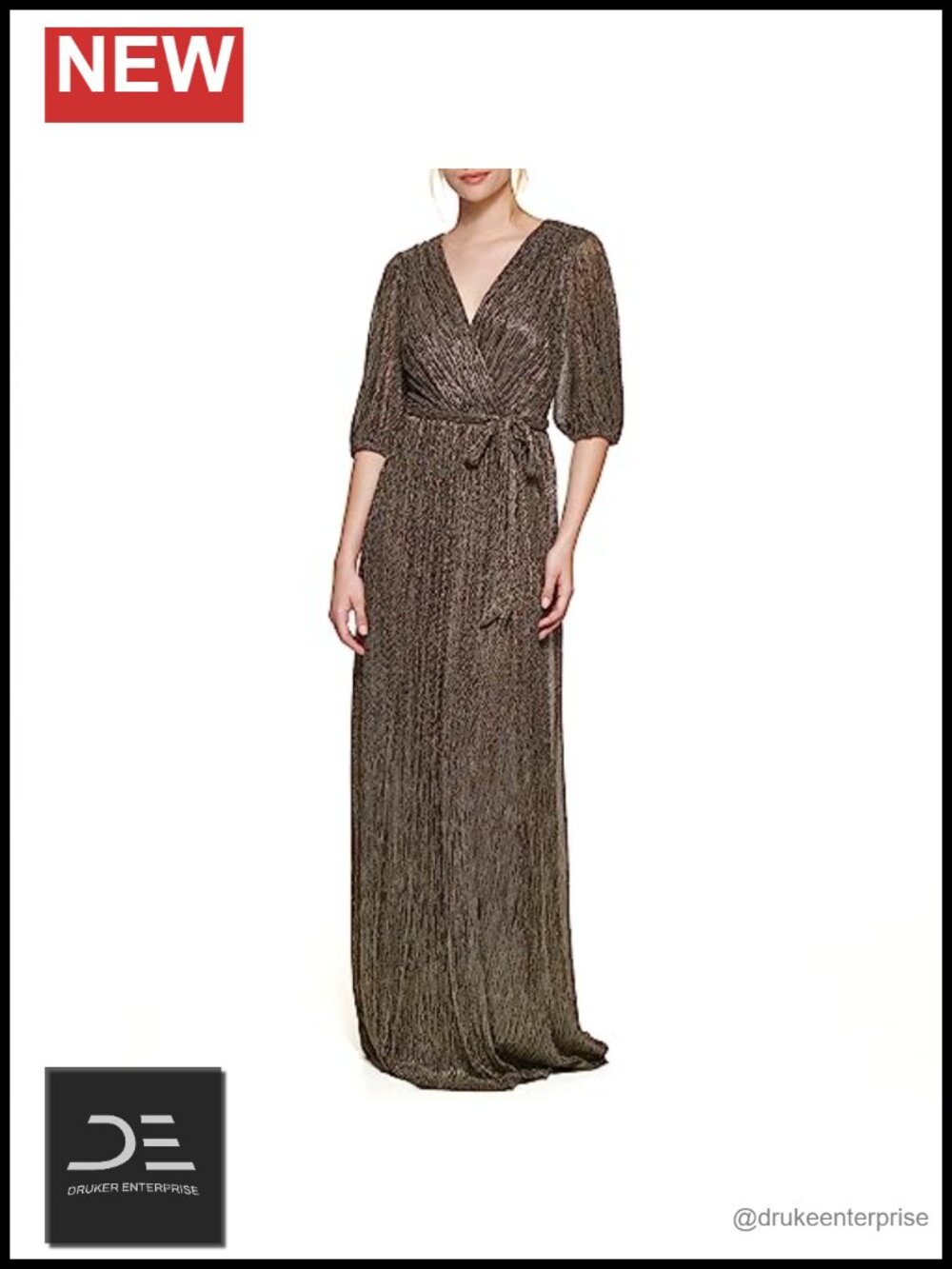 Elbow Sleeve V-Neck Metallic Knit Cocktail Dress